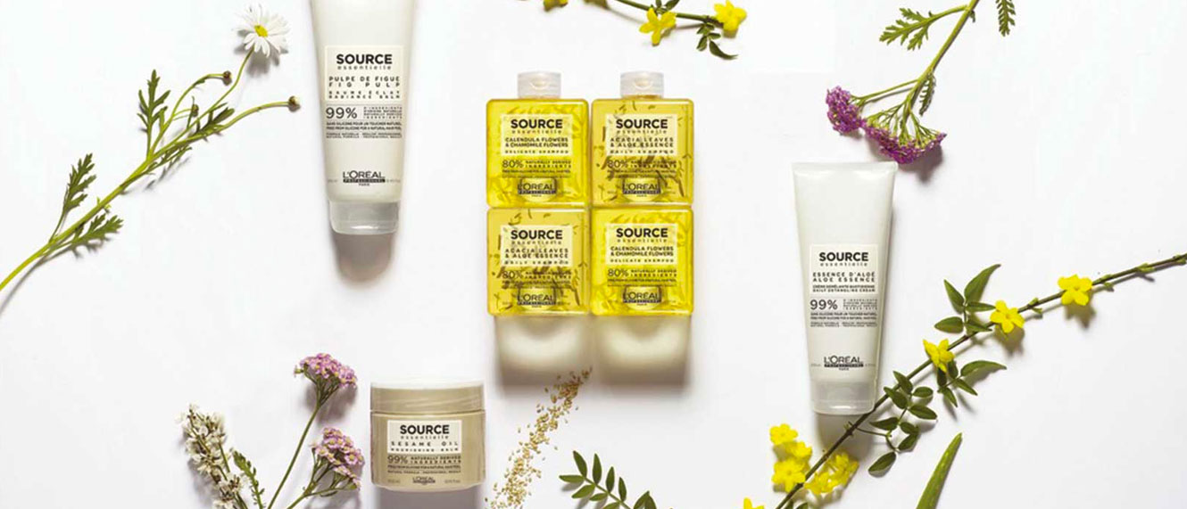 L'Oreal Source Essentielle products with flowers